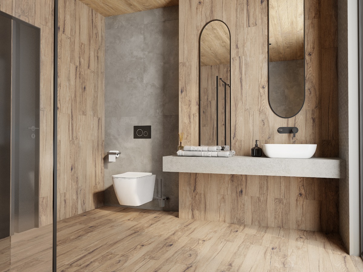 Drewno i szarość w orientalnej łazience z płytkami Opoczno.
